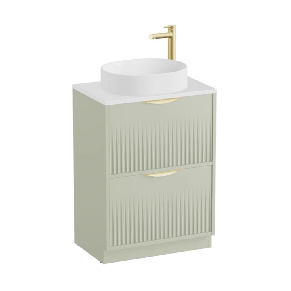 Vado Safari Fluted 600mm Sage Green Floorstanding Vanity Unit & Gloss White Worktop